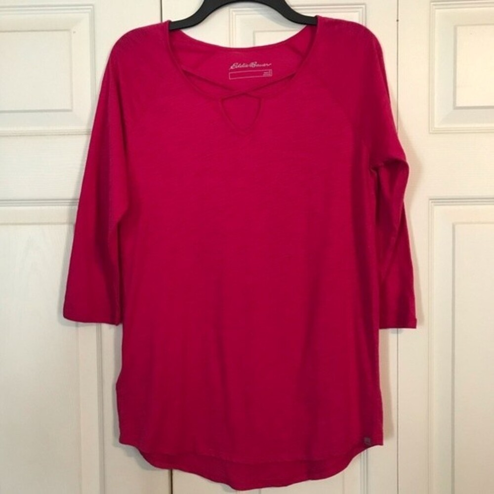 EDDIE BAUER Small Cotton Modal Pink Blouse Keyhole 3/4 Sleeve Strappy Jewel Tone